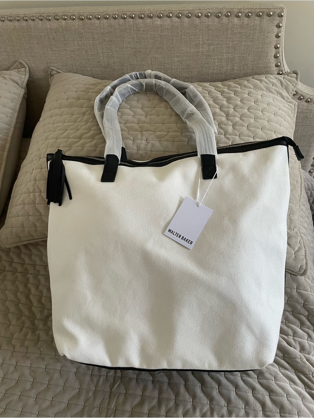 Walter Baker White Canvas Tote with Black Trim and Tassel Accent